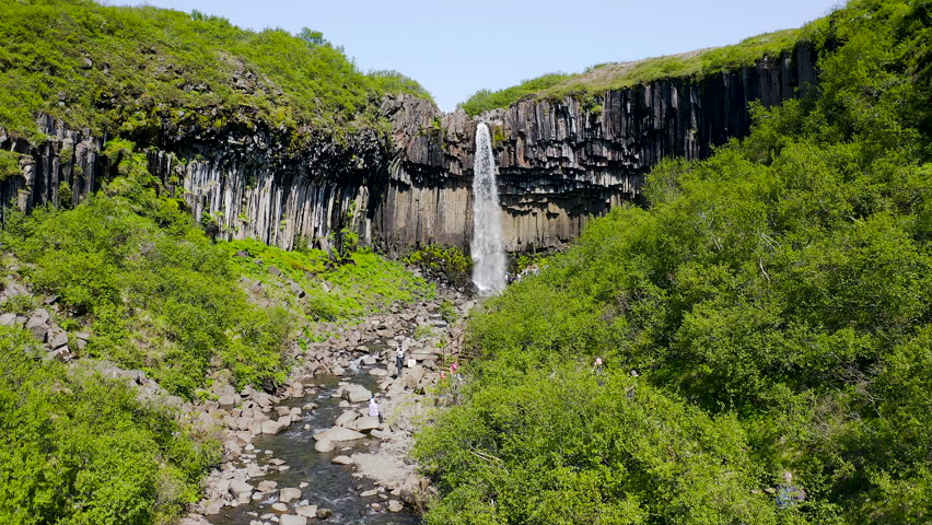Aerial view of the spectacular Svartifoss waterfall, into the Skaftafell area of Vatnajokull National Park provides visitors with a breathtaking view of Svartifoss (Black Falls).