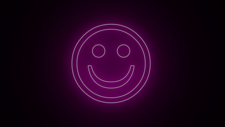 Glowing purple neon smile face emoticon symbol blinking animation. Happy emoji facial expression icon loop motion graphics video with alpha channel. Abstract positive emotion sign animation