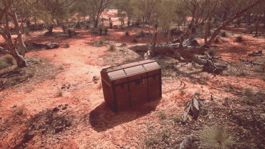Closed wooden treasure chest on sandy beach