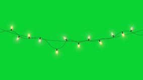 Christmas string lights on a green screen background animation footage,yellow lamps,light show for new year design.Light Garland, Stock Overlay 4k Video, of the elements with the alpha channel, 3D