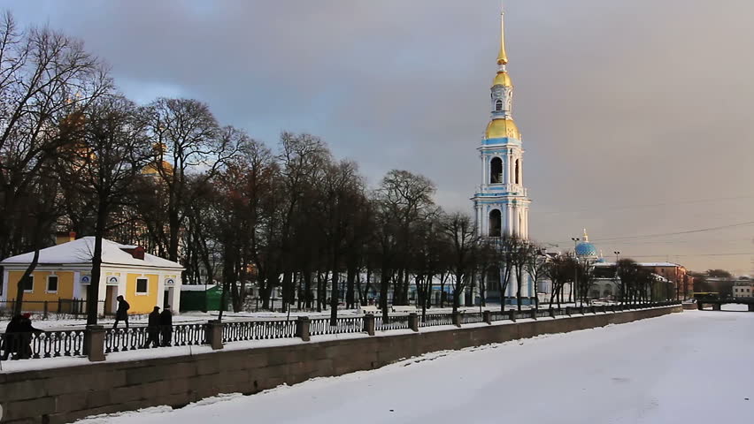 Chapel of Nikolsky Cathedral and frozen Kryukov Canal in winter, St Petersburg, Russia
