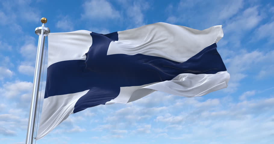Finland flag with flagpole waving in wind, rolling clouds background looping, 4K video (Perfect Loop)