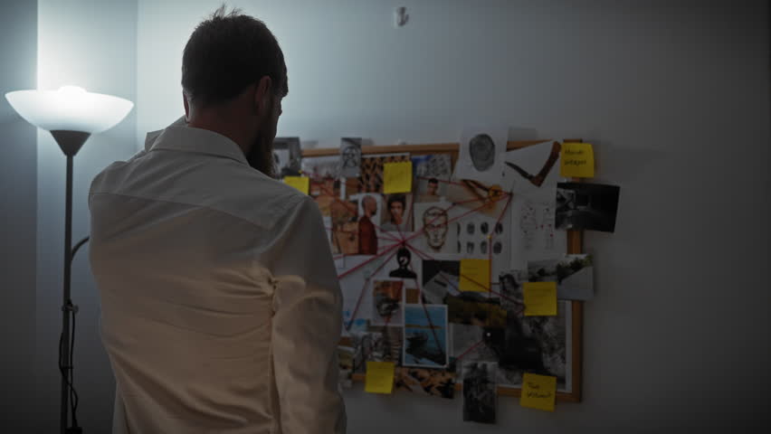 Rear view of a bearded man analyzing a crime board in an office setting.