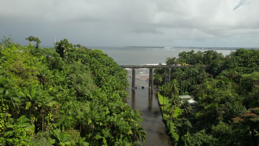 Aerial view of cars passing tall road bridge at small river estuary to ocean. Forwards fly above tropical landscape. Hawaii, USA