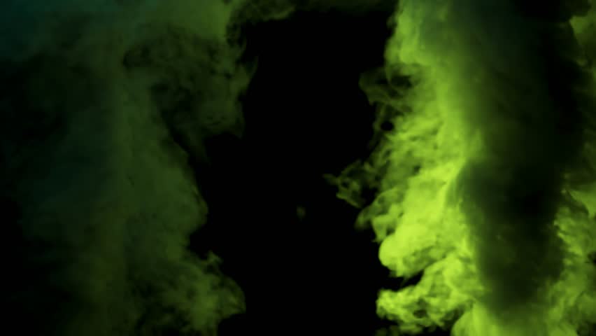 3D animation of green and yellow smoke plume on black background. 3D Illustration