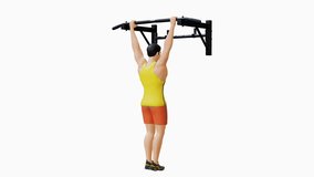 Man Character doing Wide Grip Pull Ups. Bodyweight and Back Workout in 3d animation. Perfect for fitness themed productions, diet plans, weight loss training, Wide Grip Pull Ups Exercise. 3D Render