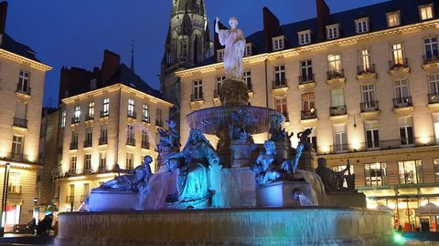 Nantes, France, January 10, 2018. Night view of the Royale square and the fountain
