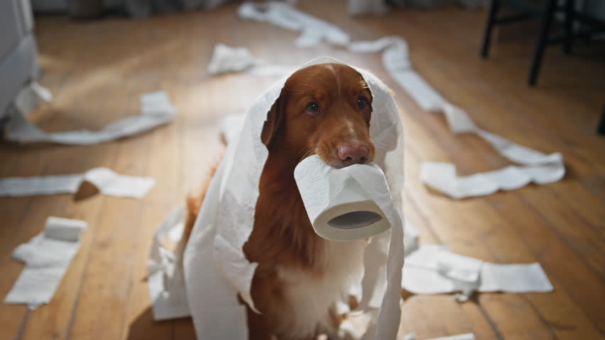 Puppy making mess with toilet paper playing alone in empty apartment close up. Cute dog holding napkins roll in mouth making mess at living room. Playful funny pet misbehave feeling guilty at home.