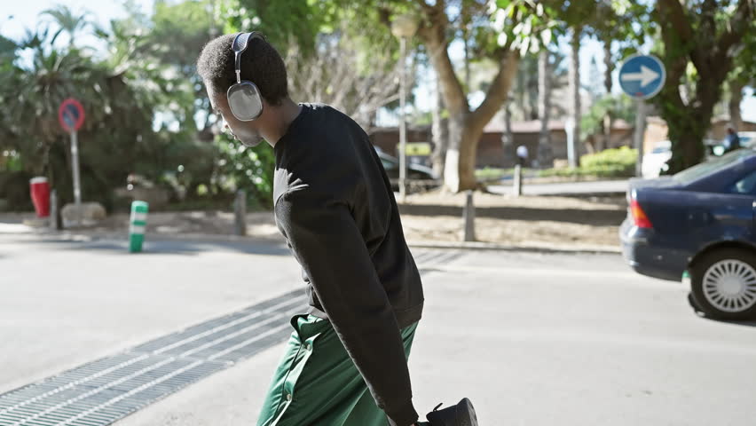 A young man wearing headphones stretches outdoors on a sunny city street holding a sneaker