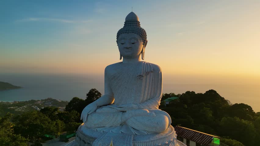 Phuket Big Buddha, or The Great Buddha of Phuket aerial view at sunset. The official name is Phra Phutta Ming Mongkol Eknakiri