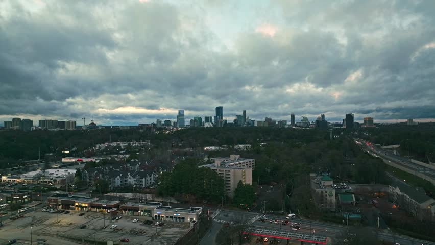 Distant View of Downtown Atlanta Skyline With Overcast In Georgia, USA. wide aerial shot