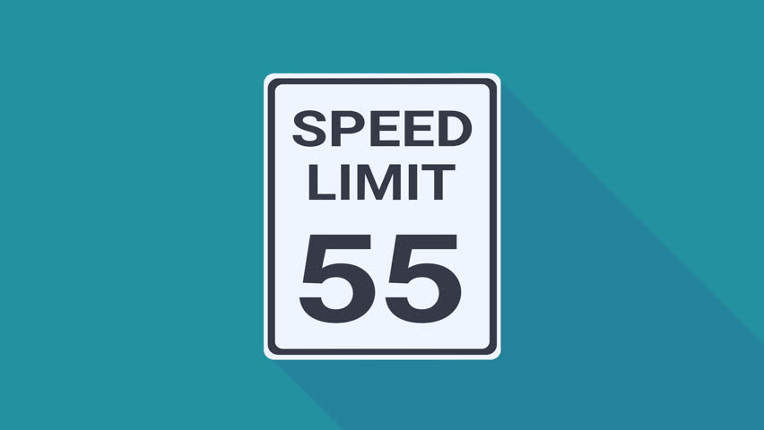 Appearance of a rectangular black and white 55 mph speed limit road sign from the USA on a blue background with long shadow in flat design style