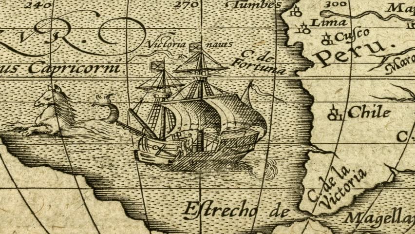 Old Map of Magellan Strait and Mythical Sea Creature. 16th Century South American Coast and Capricorn