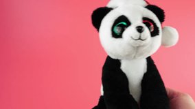 Stuffed and fluffy teddy toy panda bear in a Santa Claus hat playing and dancing on a pink background. - Powered by Shutterstock - Get 15% off with code: PIKWIZARD15