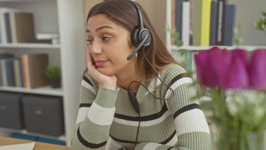 Hispanic woman with headset sits pensively at home, surrounded by books, flowers, and cozy decor, exuding a casual telecommuting vibe. Royalty-Free Stock Footage #3487143231