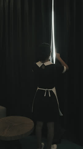 Vertical zoom-out rear-view slowmo shot of female housekeeper in black and white uniform opening black curtains in modern hotel room