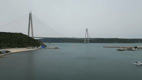 Aerial video of Yavuz Sultan Selim Bridge on a cloudy day in Istanbul, Turkey. 3rd Bosphorus Bridge and Northern Marmara Motorway