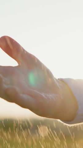 Child palms embrace tepid drops of rain closeup. Kid opens hands collect mild spring drizzle among natural surroundings. Genial downpour