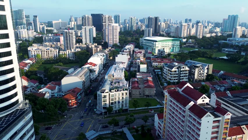 Aerial drone landscape of city CBD skyline with residential housing commercial shops buildings city towers urban architecture Farrer Park Singapore Asia