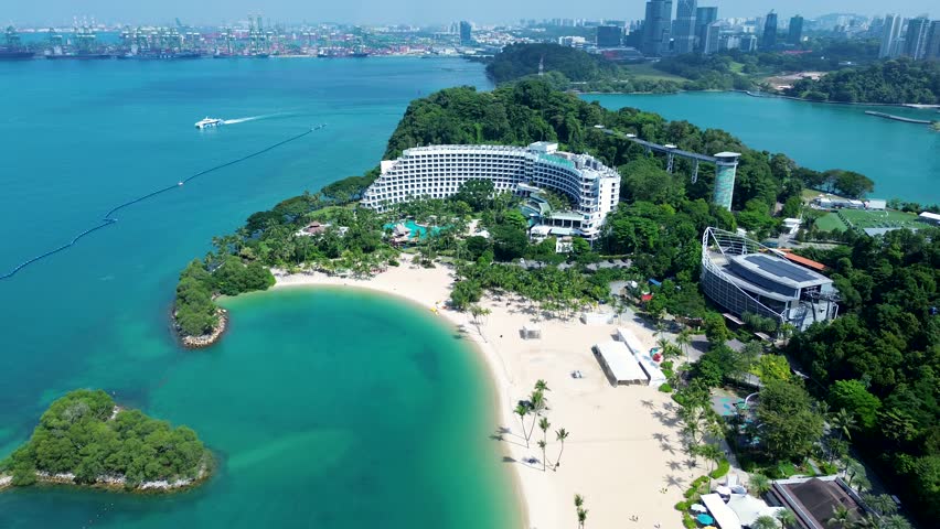 Aerial drone landscape view of Siloso beach resort hotel ocean island bay attraction landmark of Singapore city travel tourism Keppel harbour Asia