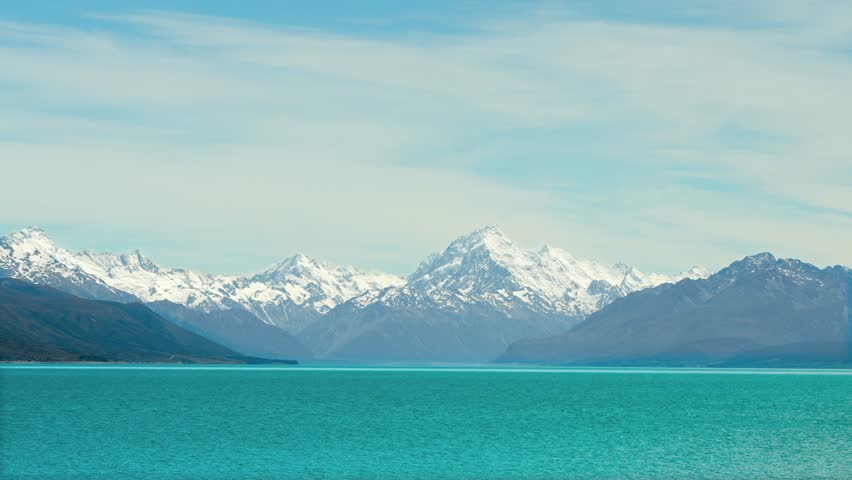 View across the Tasman River to Mount Aoraki, in the Southern Alps of New Zealand.