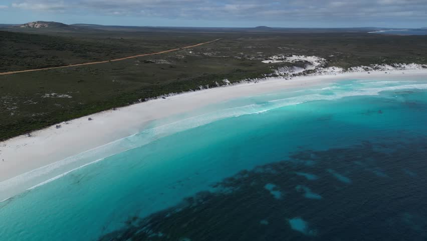 Lucky Bay beach with white sand and turquoise ocean waters, Cape Le Grand National Park, Western Australia. Aerial drone panoramic view. Best beach in the world in 2023