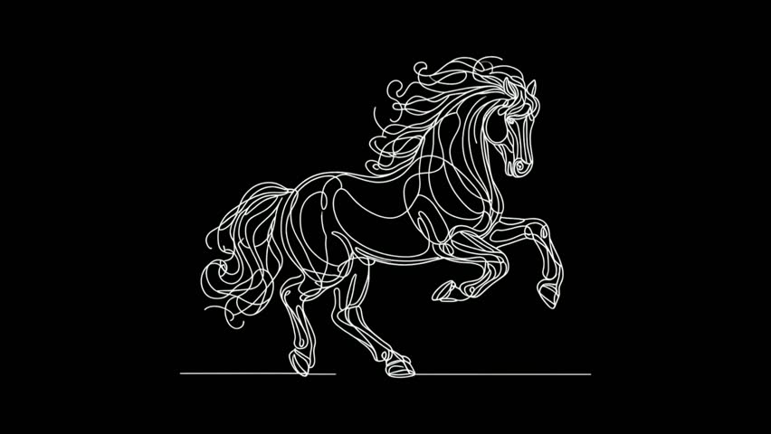 A close up of a horse With a long mane on a black background. Horse coloring and line style. Resolution is 4K.