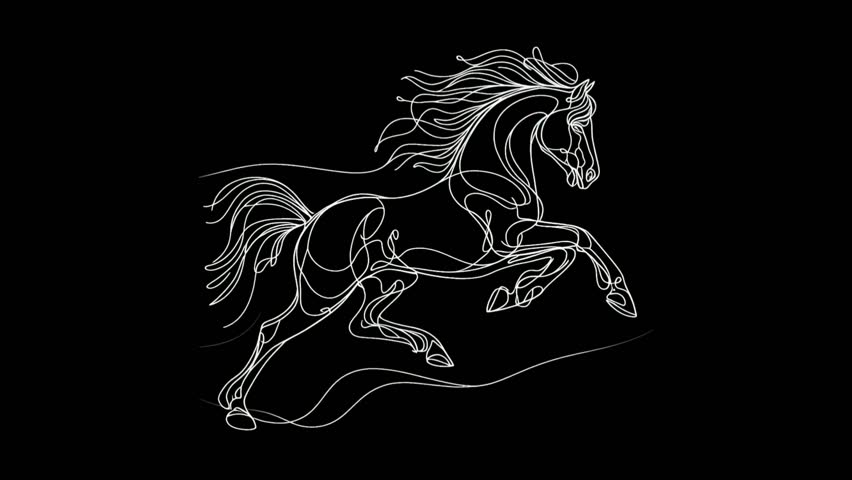 A horse with a flowing mane, captured in close-up against a dark backdrop. Horse coloring and line style. Resolution is 4K.