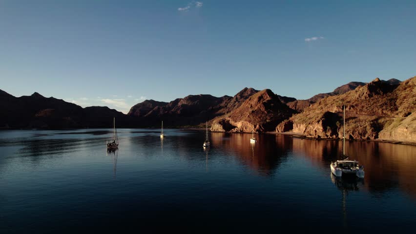 Seabirds Flying Over Catamaran And Sailboats Floating In The Calm Waters Of Sea In Baja California, Mexico. - aerial shot