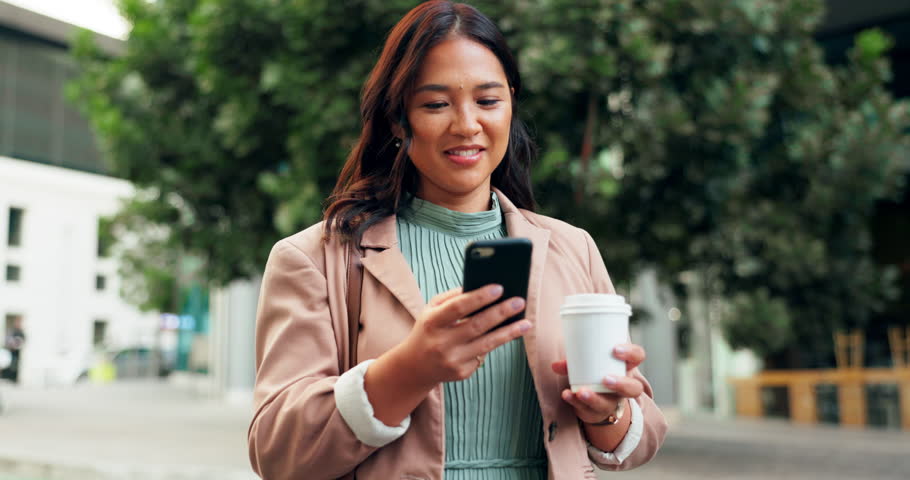 City, coffee and happy woman with phone for news, message or communication or announcement. Female person, smile and street with mobile app for conversation from network, information with laugh