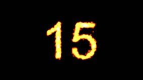 Countdown 15 seconds with fire effect on plain black background