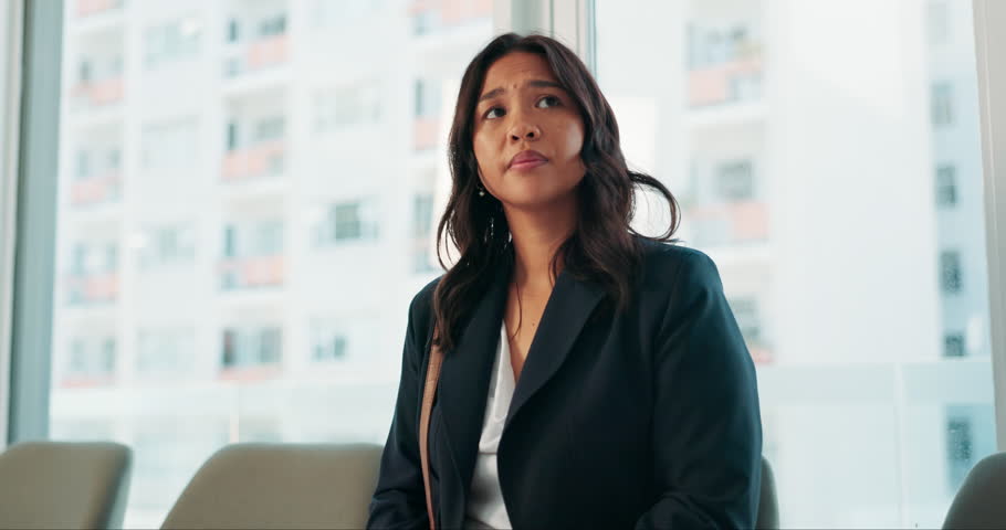 Business, waiting and nervous woman for job interview, recruitment and hiring with anxiety, panic and worry. Stressful person, agent or consultant with fear, overwhelmed for HR meeting or opportunity