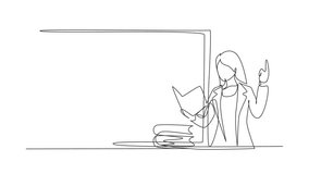 Animated self drawing of continuous line draw teacher standing in front of class with book on her hands, pile of books on table. Female teacher teach in classroom. Full length single line animation - Powered by Shutterstock - Get 15% off with code: PIKWIZARD15