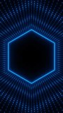 Vertical video blue neon hexagon frame with waves of dots loop animation