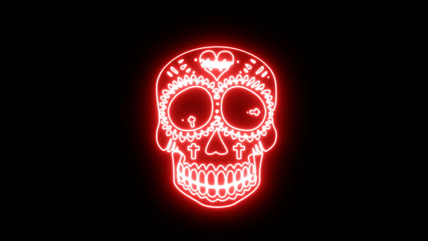 Seamless animation of a crazy mexican skull with red neon. Funny Halloween background with fluorescent effect for parties and events.