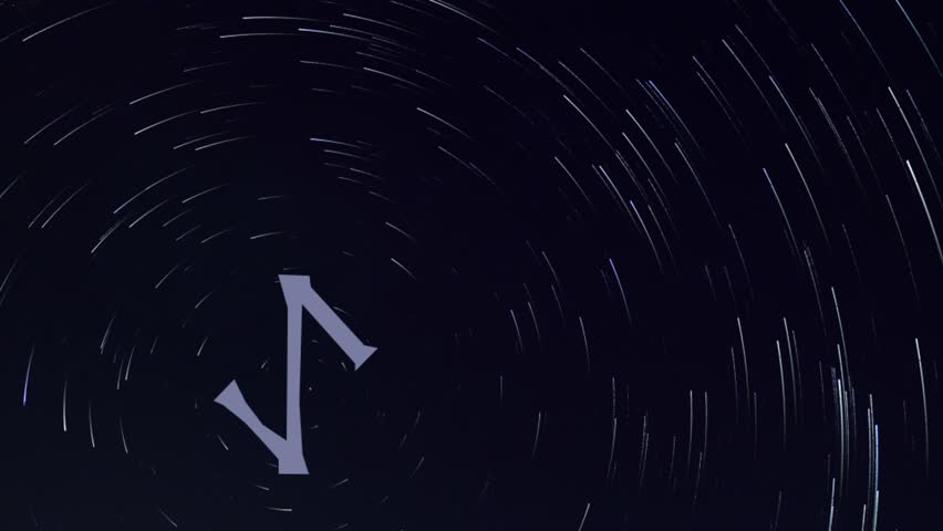 video of a Star trail in the background, 
with in the foreground the image of a rune 
moving towards the polar star of the same star trail, 
the rune in this clip is Eihwaz