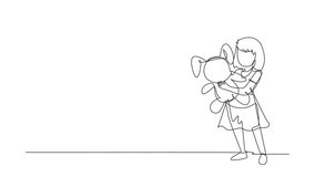 Animated self drawing of single continuous line draw portrait of smiling little girl hugging teddy bear at home. Childhood, toy. Little girl playing with teddy bear. Full length one line animation - Powered by Shutterstock - Get 15% off with code: PIKWIZARD15