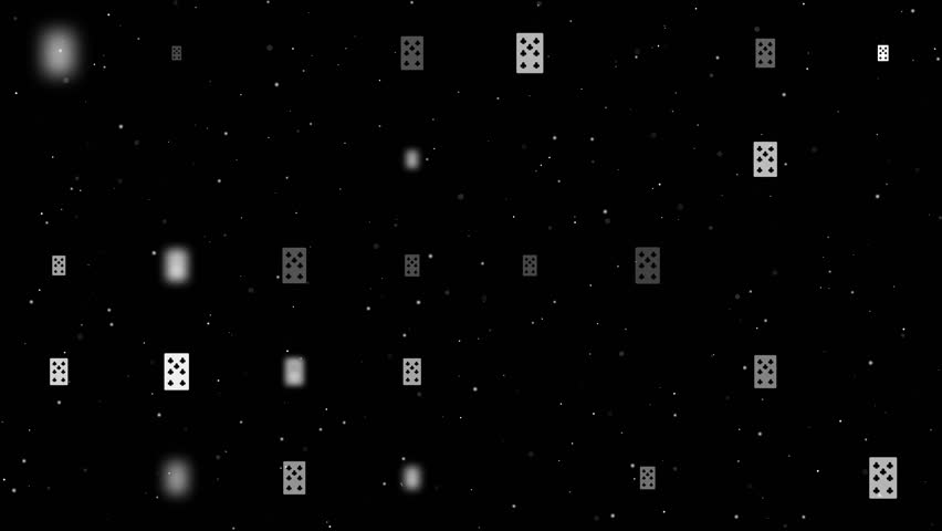Template animation of evenly spaced seven of clubs playing cards of different sizes and opacity. Animation of transparency and size. Seamless looped 4k animation on black background with stars