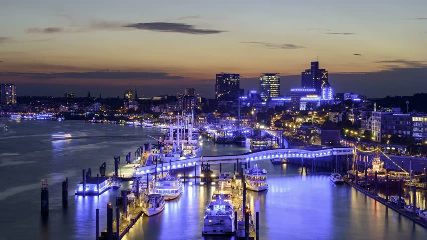 Port of Hamburg skyline time lapse day to night