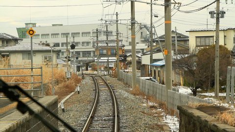View from moving train Window. Iida line, Nagano Prefecture, Japan, 2013. POV