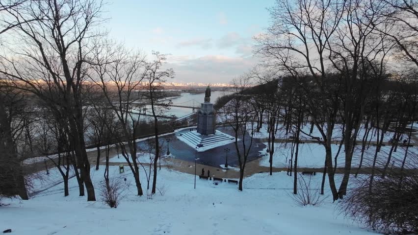 Volodymyrska Hill with a view of Kyiv and the Dnieper River. The monument of St. Volodymyr was built in 1853
