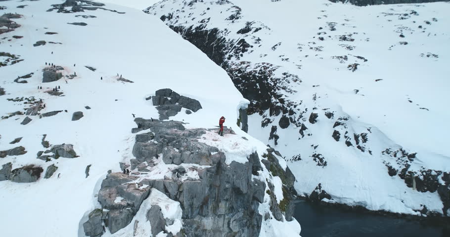 Tourist people explore Antarctica wildlife nature. Man stands on snow-covered mountain rock hill make photo of penguins and glacier icy landscape. Discover beauty of South Pole. Aerial drone panorama