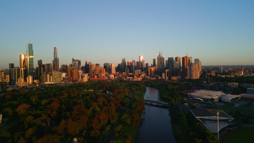 Aerial drone view of the Yarra River and Birrarung Marr in Melbourne, Victoria, Australia.