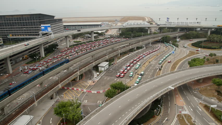 Hong Kong International Airport Taxi Stand and Airport Express Train.