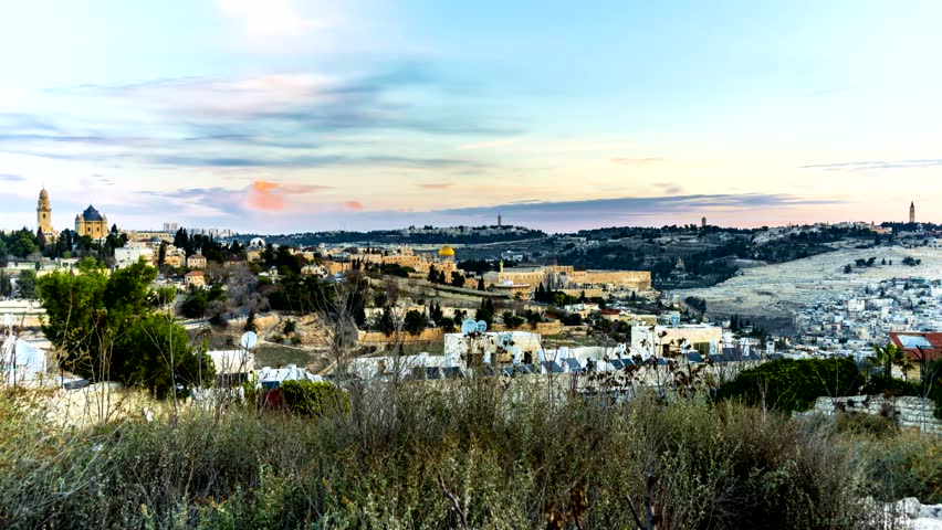 Panorama of Jerusalem - from Mount Zion, across the Old city with Dome of the Rock on Temple Mount, Hebrew University on Mount Scopus in the distance, to the churches of Ascension on Mount of Olives Royalty-Free Stock Footage #34877959