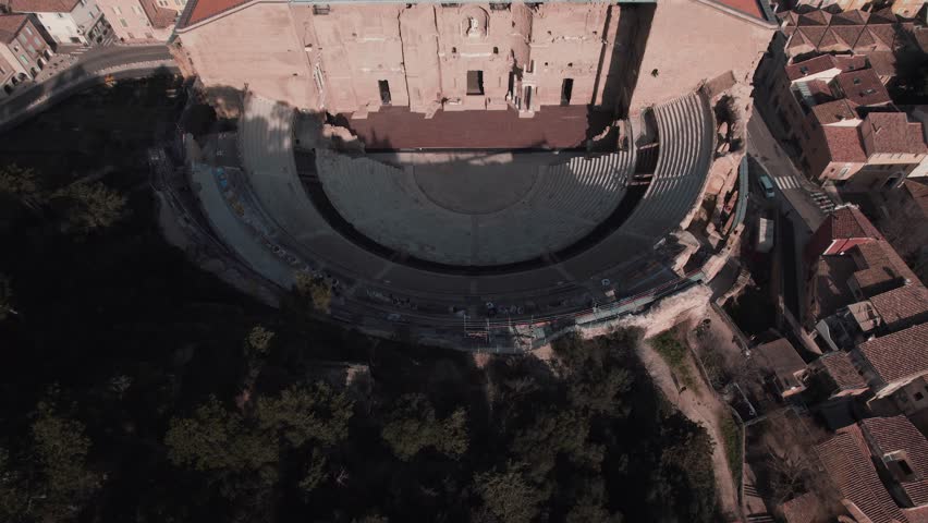 Slow revealing shot of the world-famous orange theatre inspired by the romans