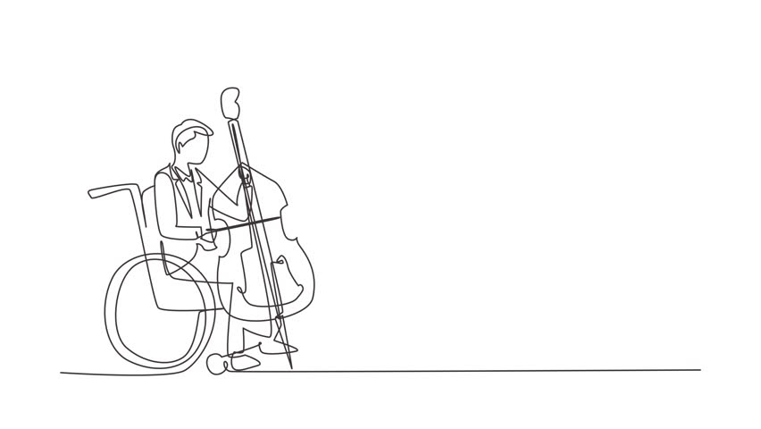 Animated self drawing of continuous line draw man sitting in wheelchair plays cello in concert. Disability classical music. Physically disabled. Person in hospital. Full length single line animation