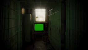 Green Screen TV Prison Cell Zoom In Vintage Television Jailhouse Interior. Prison cell interior with a retro green screen television inside, tracking shot. - Powered by Shutterstock - Get 15% off with code: PIKWIZARD15