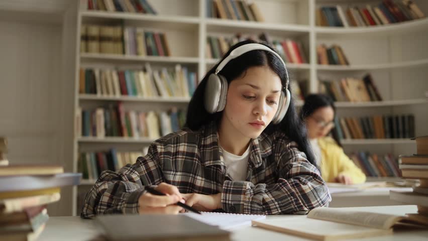 Pretty young woman student with headphones listening to music while writes notes for essay study for class preparing for exams test make research for project using books at university library