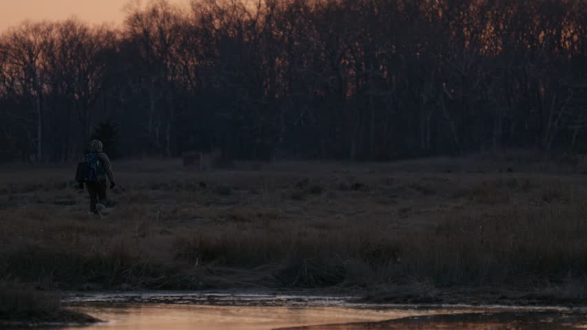 Woman Walking Through the Marsh Towards Car At Sunset and Distant. Parker River National Wildlife Refuge, Massachusetts, USA. 2024